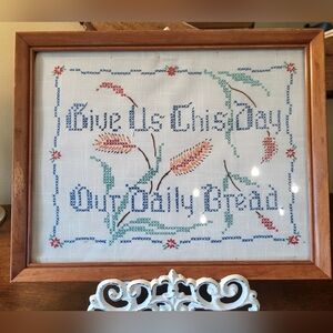 Vtg Cross Stitch Framed Handmade Cottagecore Decor Granny Chic Country 12"x15"